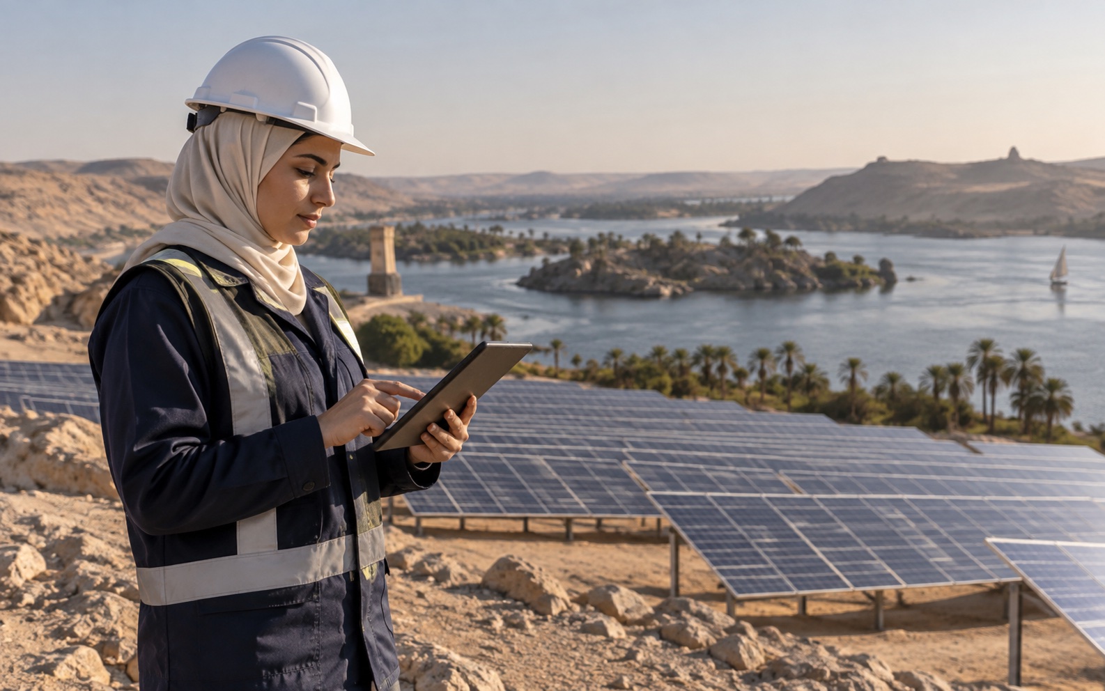 Engineer reviewing solar energy reporting beside the Nile near Aswan