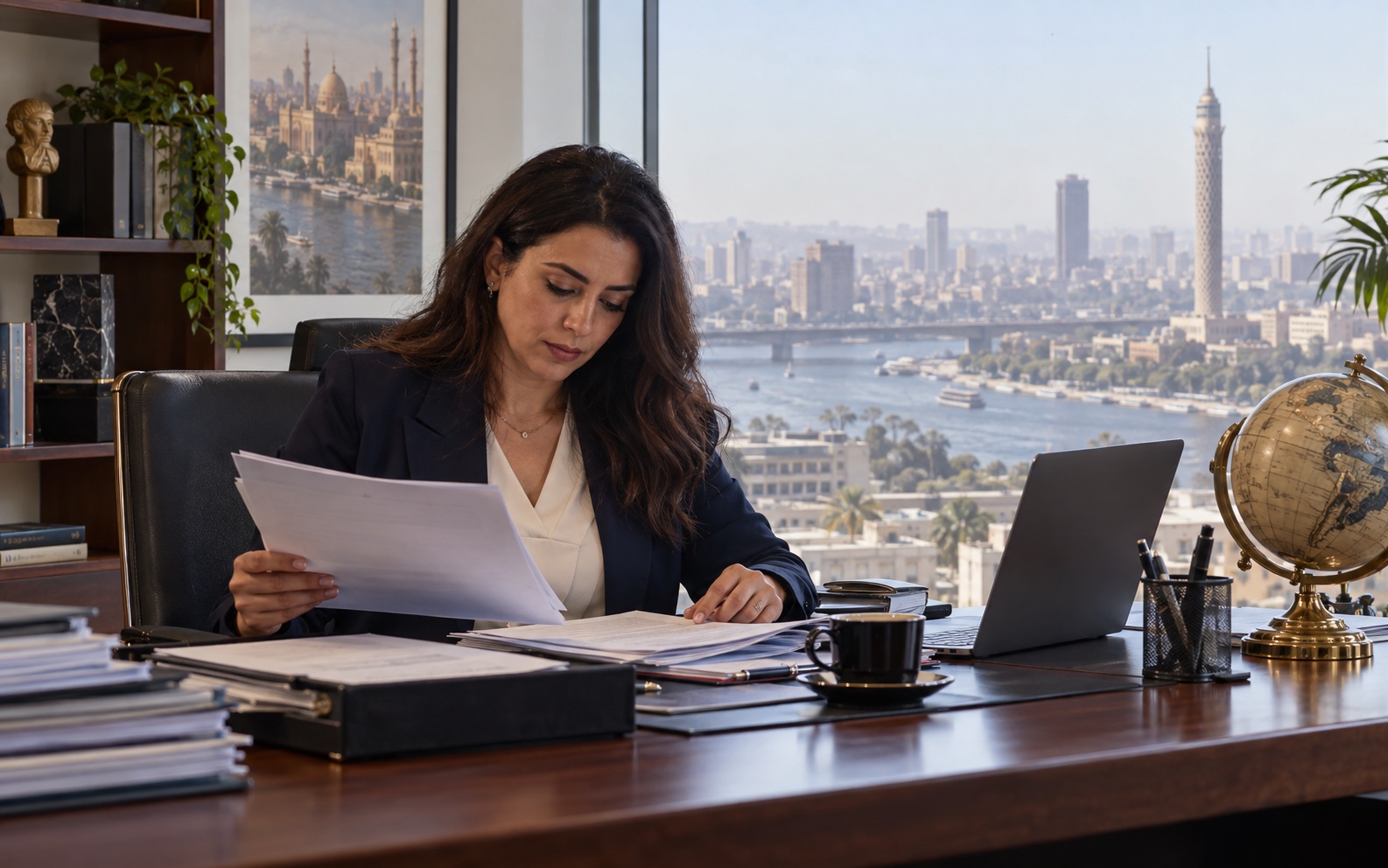 Tax professional reviewing international compliance files in Cairo